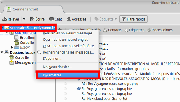 Thunderbird accès paramètres